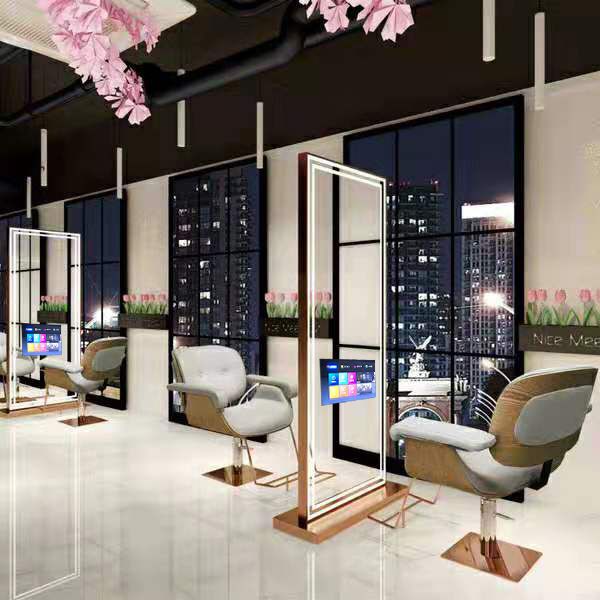 Barber Smart TV Glass Beauty Lighted Mirror Hairdressing Vanity Table Styling Station Salon Makeup Standing Walled Mirror